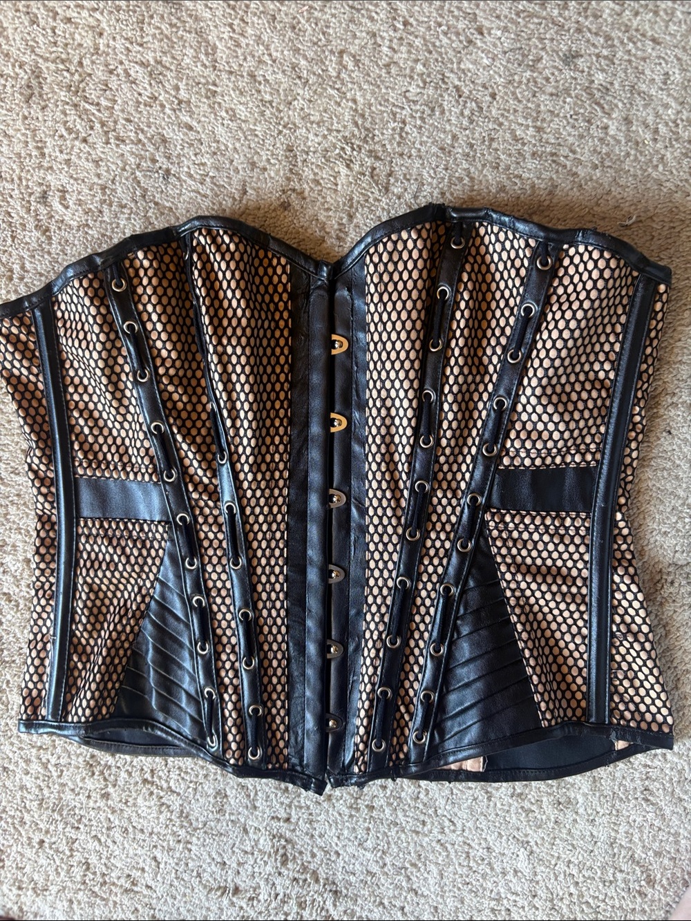 Black Faux faux Leather Fishnet Overbust Corset nude illusion